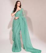 Sea green georgette stone work embroidered saree