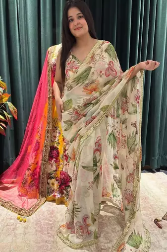 off white mirror work silk blend saree set