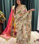 off white mirror work silk blend saree set