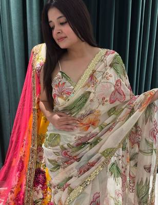 off white mirror work silk blend saree set 2