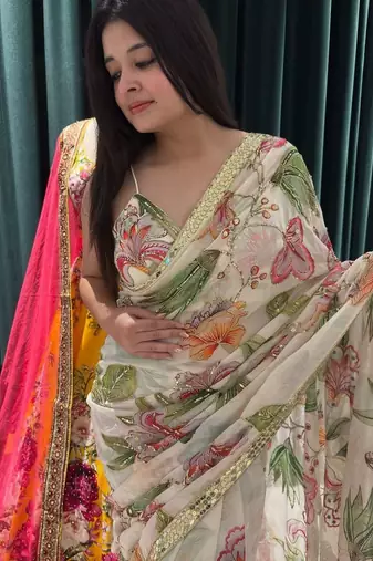 off white mirror work silk blend saree set