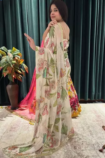 off white mirror work silk blend saree set