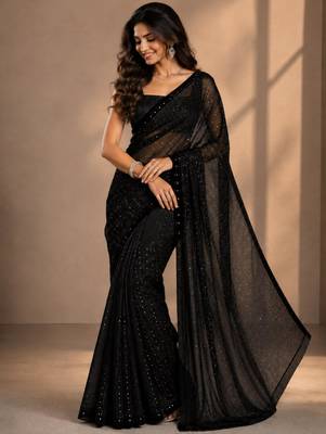 Black georgette stone work embroidered saree 1