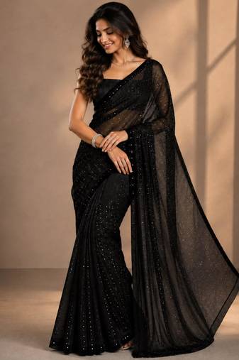 Black georgette stone work embroidered saree