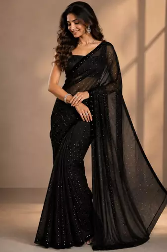 Black georgette stone work embroidered saree