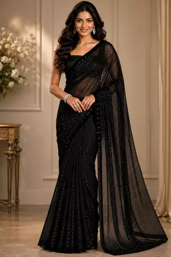Black georgette stone work embroidered saree