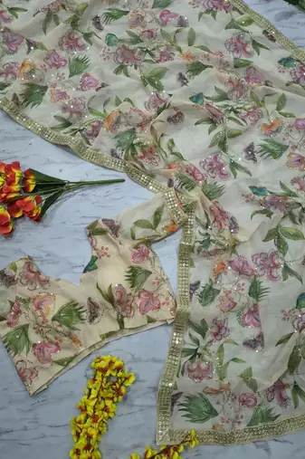 off white mirror work silk blend saree set