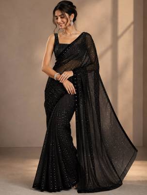 Black georgette stone work embroidered saree 4