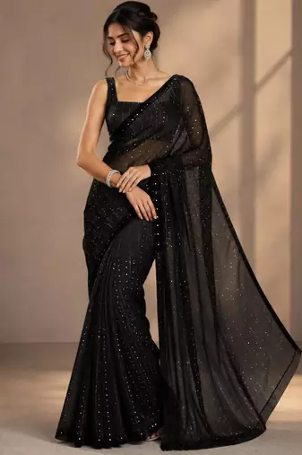 Black georgette stone work embroidered saree
