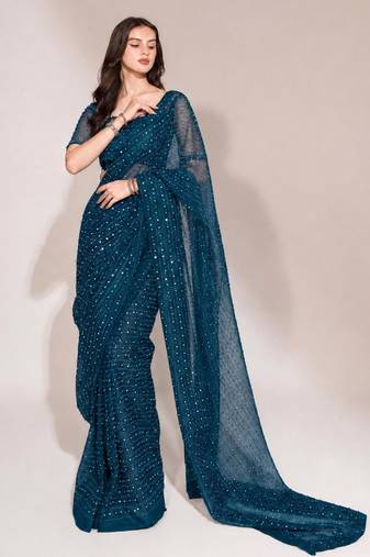 Teal georgette stone work embroidered saree