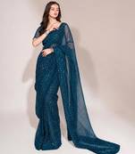 Teal georgette stone work embroidered saree
