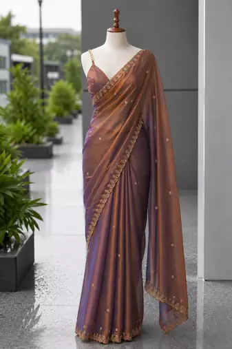 Mauve satin sequins work embroidered saree