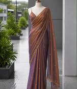 Mauve satin sequins work embroidered saree