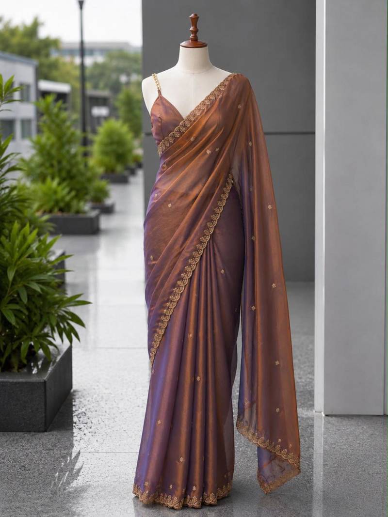 Mauve satin sequins work embroidered saree