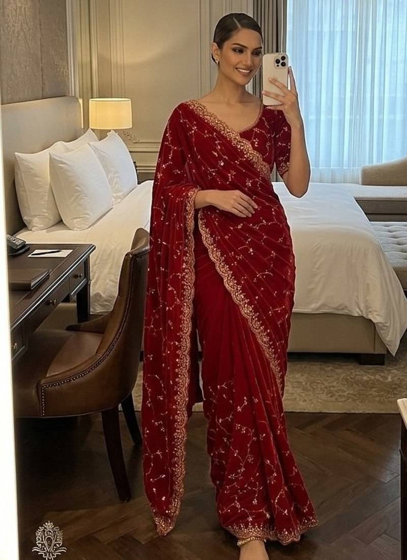Elegant red embroidered saree
