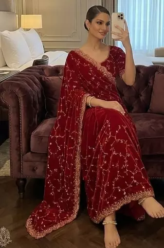 Elegant red embroidered saree
