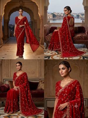 Elegant red embroidered saree 3
