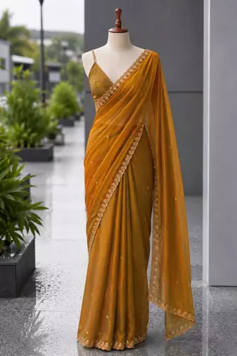 Mustard satin sequins work embroidered saree