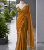 Mustard satin sequins work embroidered saree
