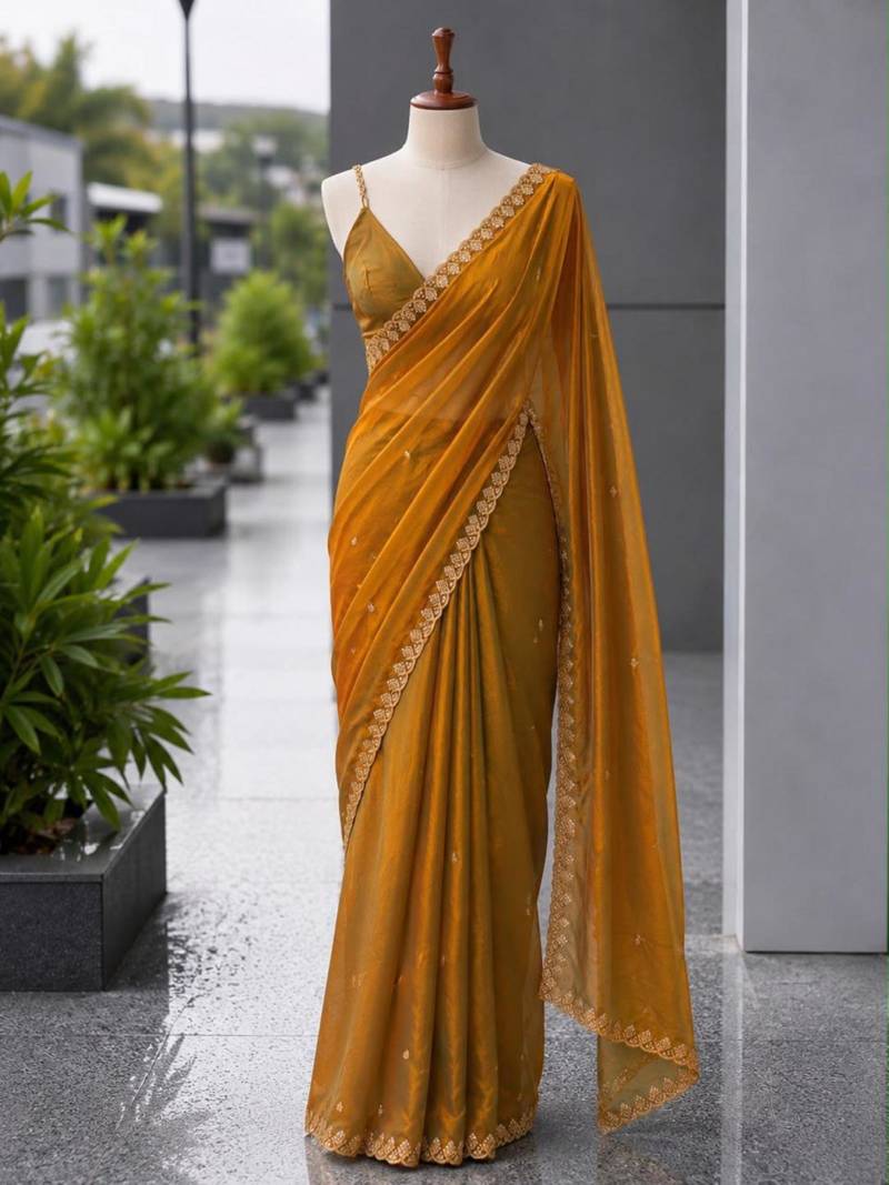 Mustard satin sequins work embroidered saree