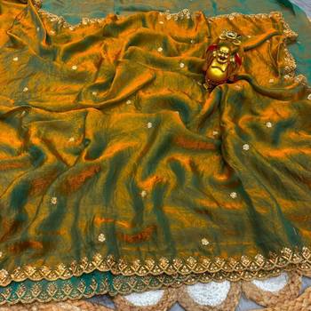 Mustard satin sequins work embroidered saree 3