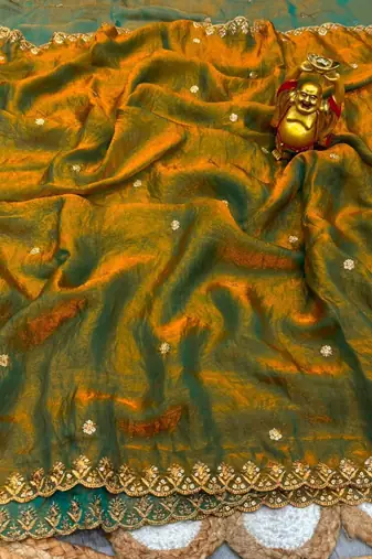 Mustard satin sequins work embroidered saree