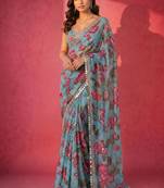 sky blue soft tabby silk blend with mirror work saree