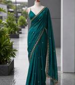 Teal satin sequins work embroidered saree