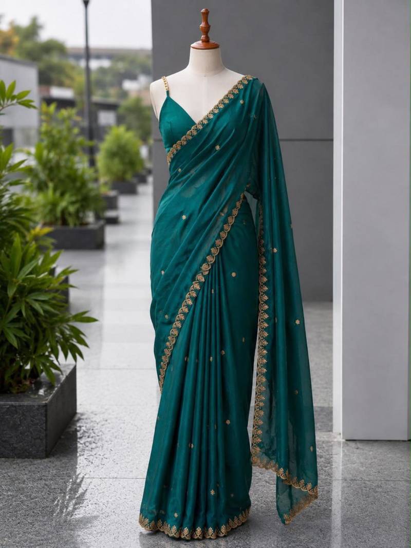Teal satin sequins work embroidered saree