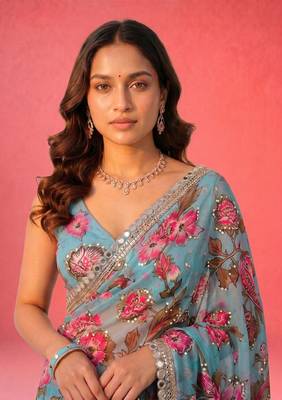 sky blue soft tabby silk blend with mirror work saree 2