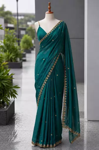 Teal satin sequins work embroidered saree