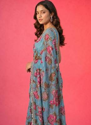sky blue soft tabby silk blend with mirror work saree 3