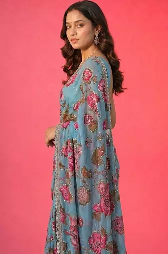 sky blue soft tabby silk blend with mirror work saree