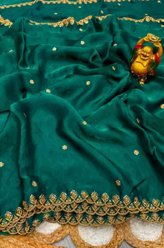 Teal satin sequins work embroidered saree