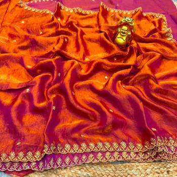 Orange satin sequins work embroidered saree 3