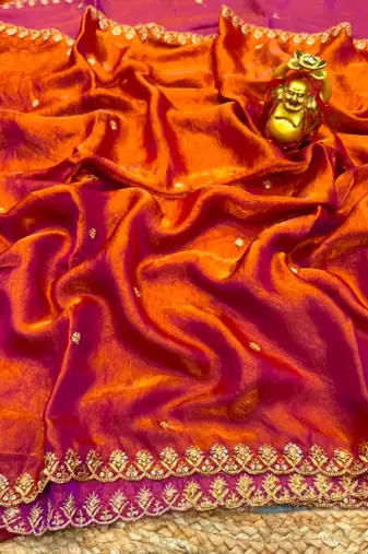 Orange satin sequins work embroidered saree