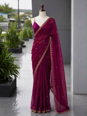 Wine satin sequins work embroidered saree 1
