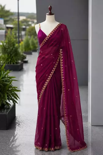 Wine satin sequins work embroidered saree