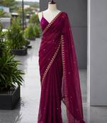 Wine satin sequins work embroidered saree