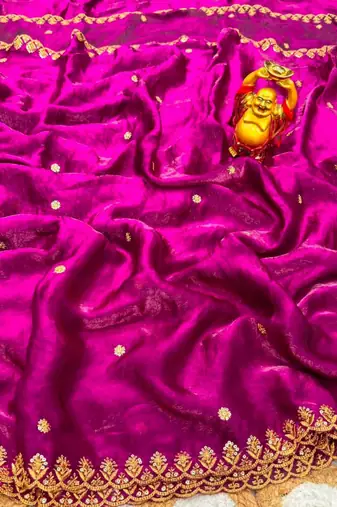 Wine satin sequins work embroidered saree
