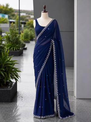 Royal blue satin sequins work embroidered saree 1