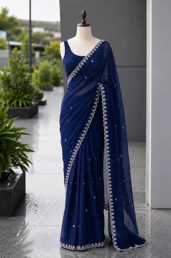 Royal blue satin sequins work embroidered saree