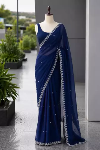 Royal blue satin sequins work embroidered saree