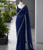 Royal blue satin sequins work embroidered saree