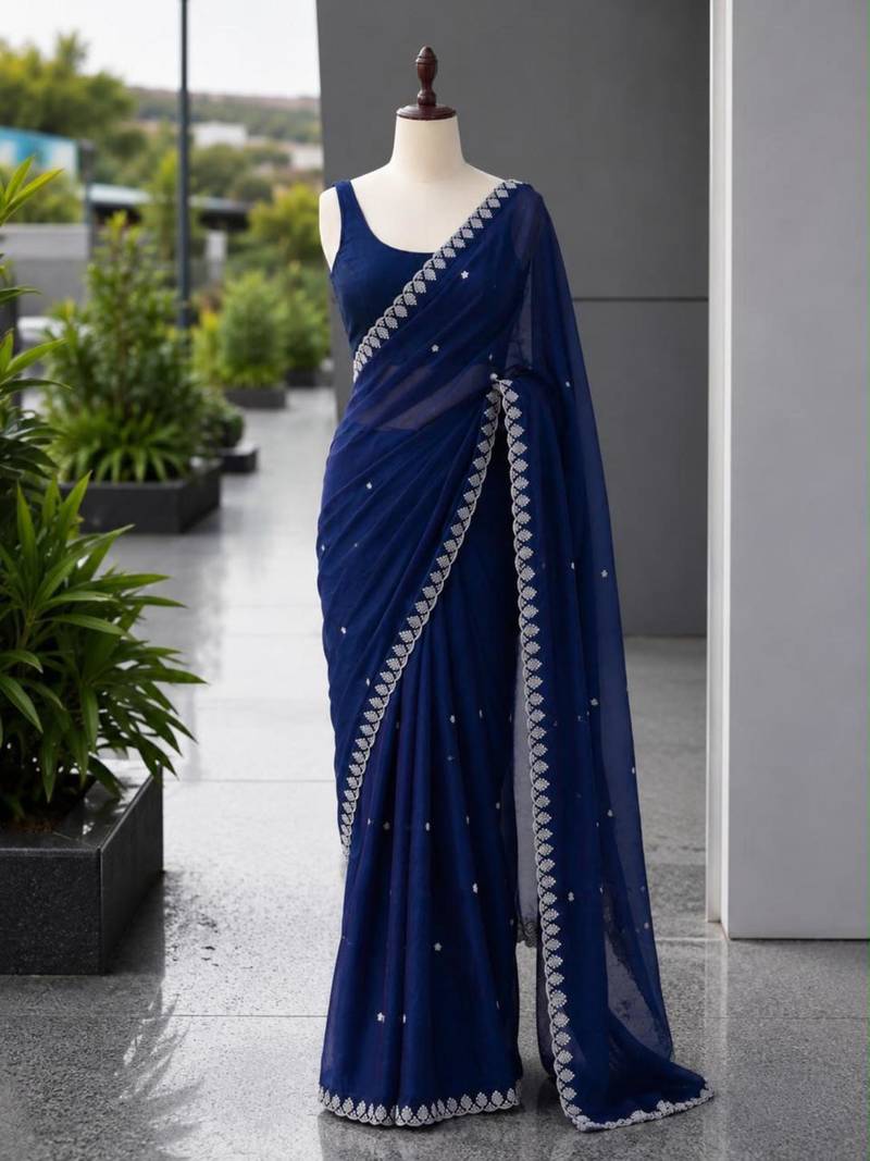 Royal blue satin sequins work embroidered saree