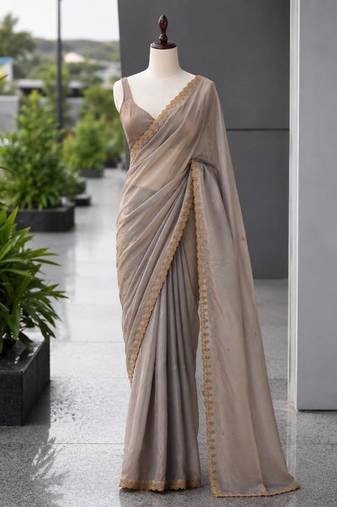 Grey satin sequins work embroidered saree