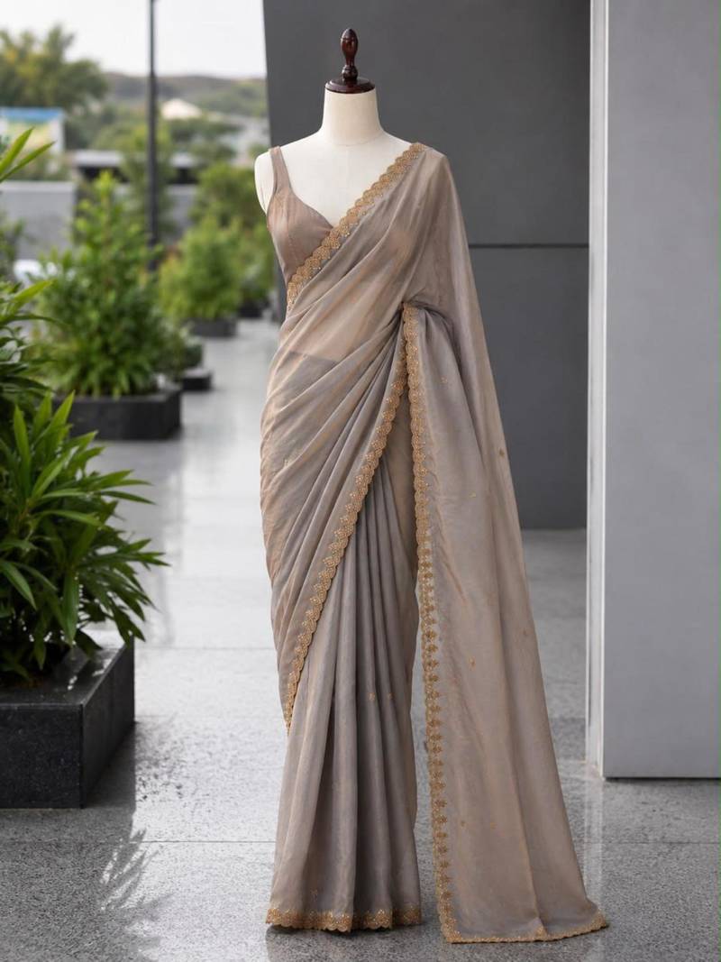 Grey satin sequins work embroidered saree