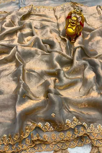 Grey satin sequins work embroidered saree