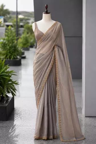 Grey satin sequins work embroidered saree