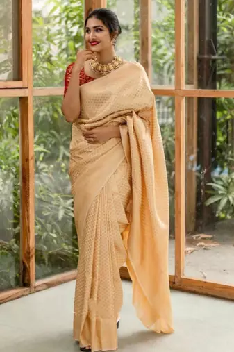 Cream silk blend banarasi silk woven saree